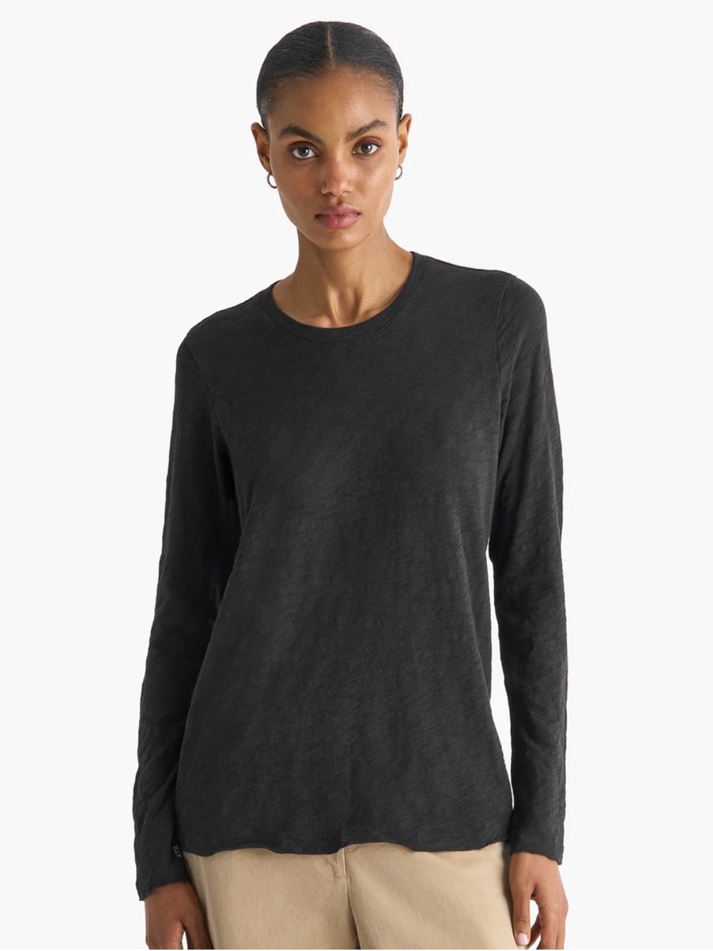 ATM |‎ Long Sleeve Raw Hem Relaxed Fit Black Cotton Top, Medium